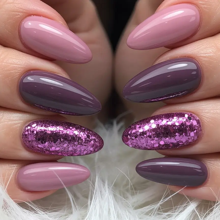 Almond Nail Trends Winter 2025–2026 Pink and Purple Glitter Mix