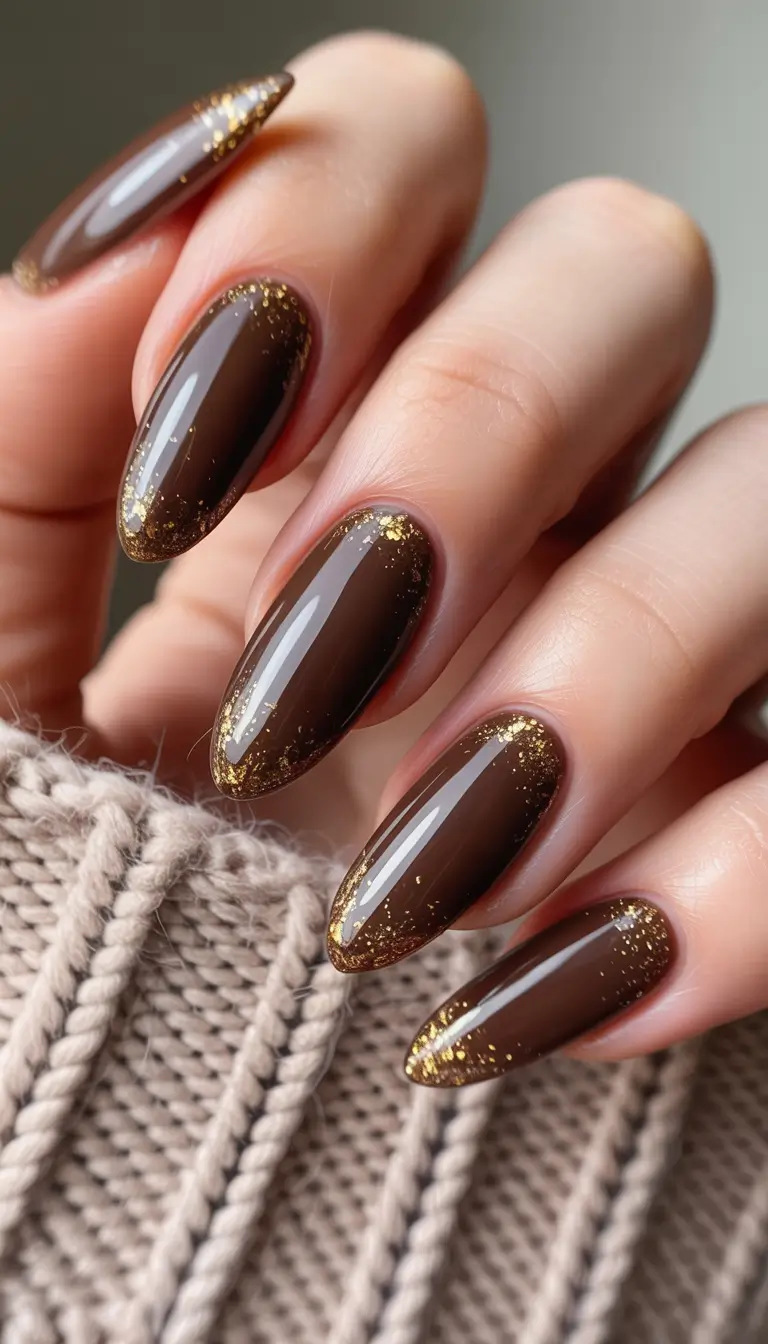 Almond Nail Trends Winter 2025–2026 Chocolate Gold French