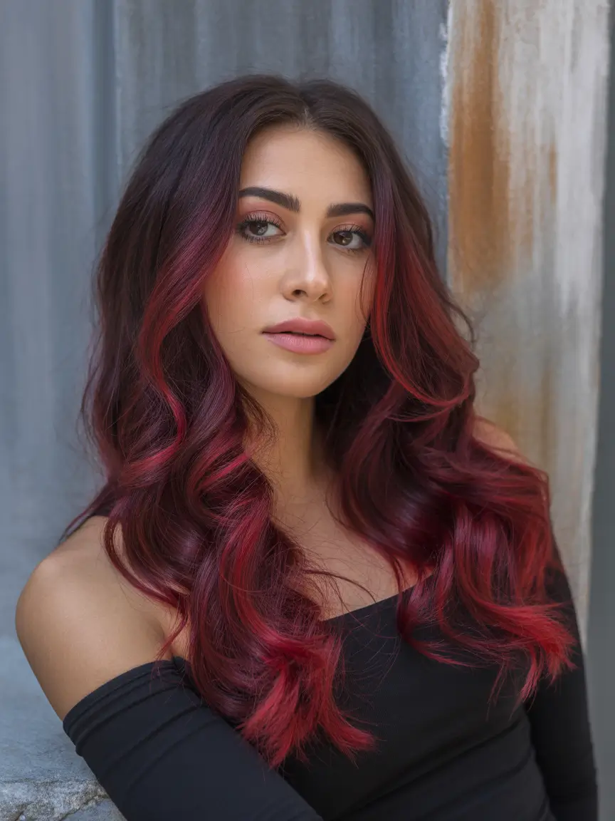Balayage Hair Color for Winter 2025–2026 Deep Crimson Waves