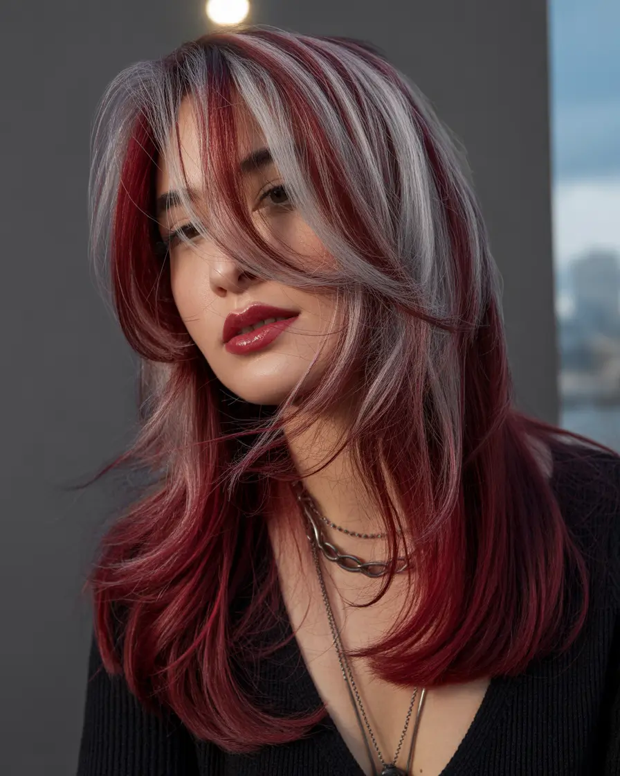 Balayage Hair Color for Winter 2025–2026 Silver Red Contrast