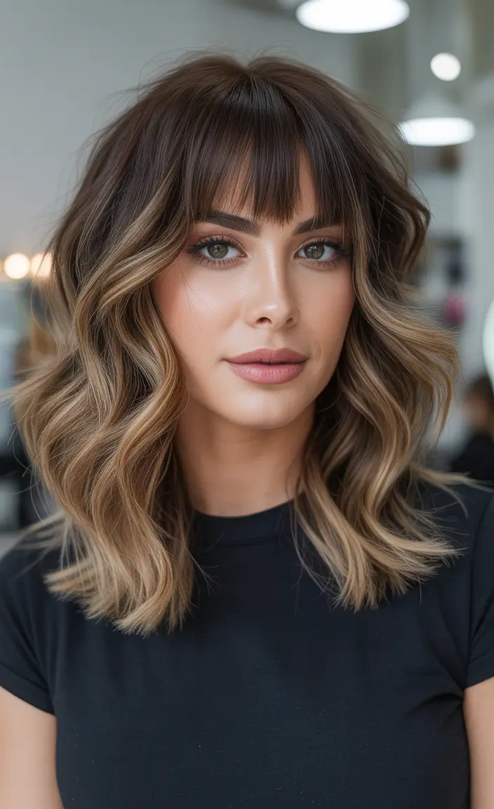 Balayage Hair Color for Winter 2025–2026 Brunette Bob with Bangs