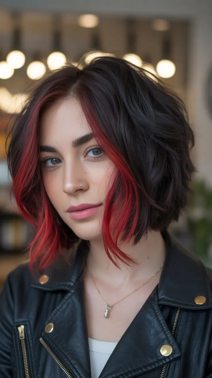 Balayage Hair Color for Winter 2025–2026 Black Bob with Red Balayage