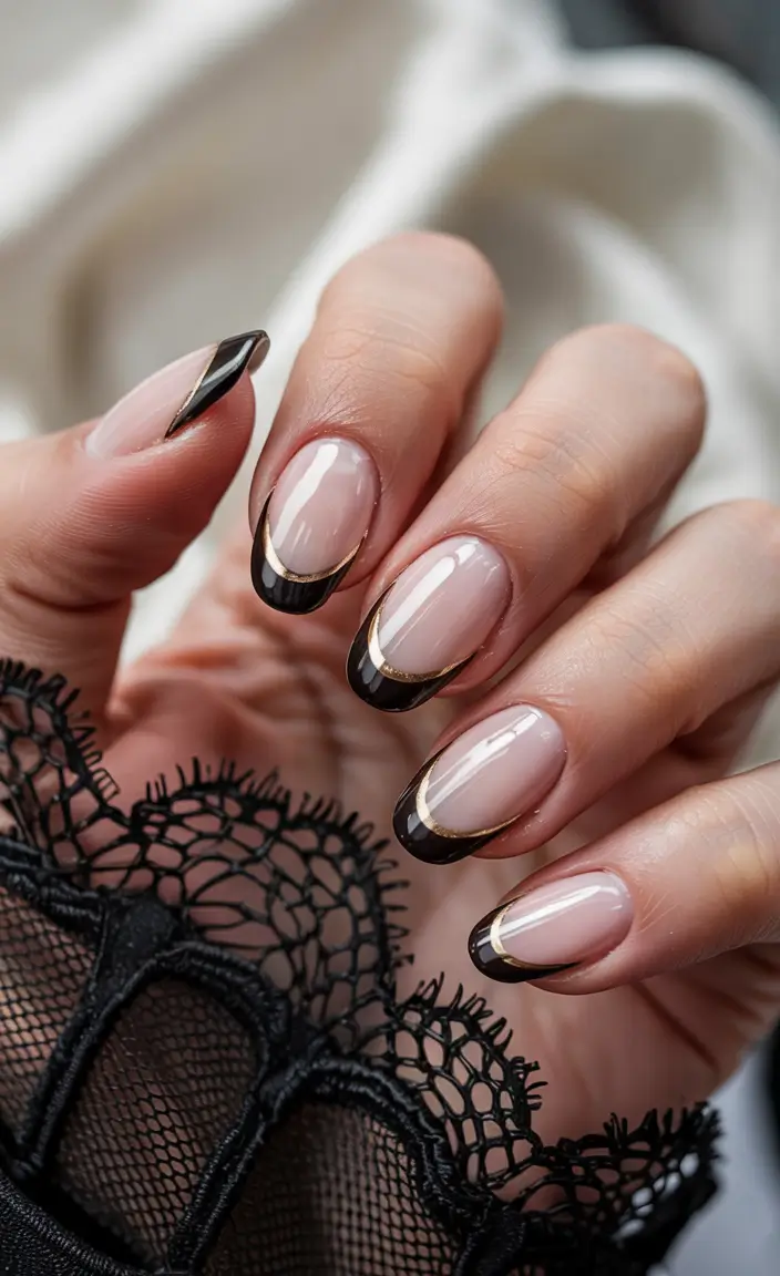 Best Classy Nail Colors Winter 2025–2026 Black & Gold French Drama