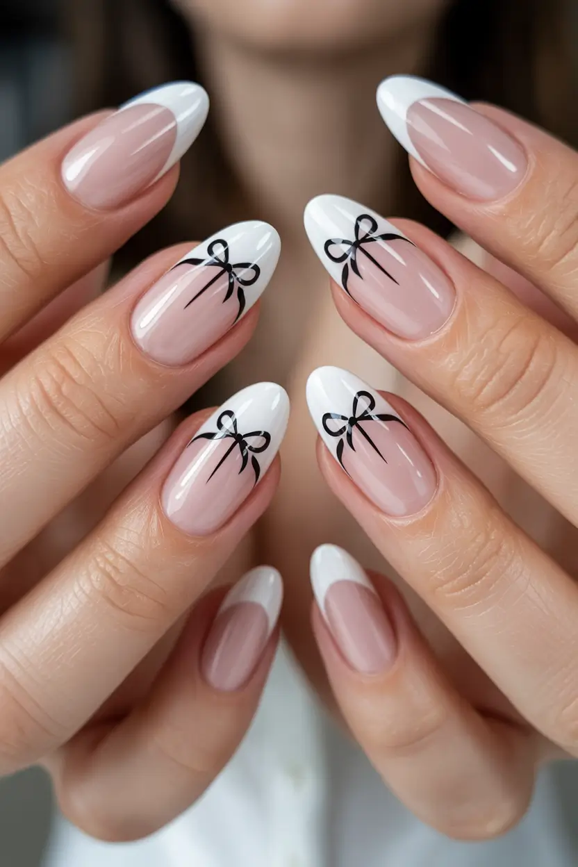 Best French Nails Design Winter 2025–2026 White Bow Charm
