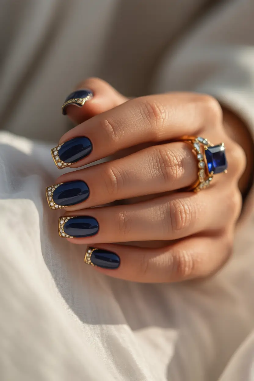 Best French Nails Design Winter 2025–2026 Royal Blue and Gold