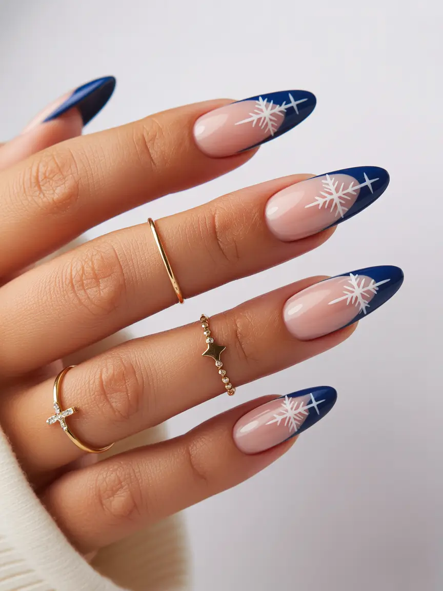 Best French Nails Design Winter 2025–2026 Navy Snowfall