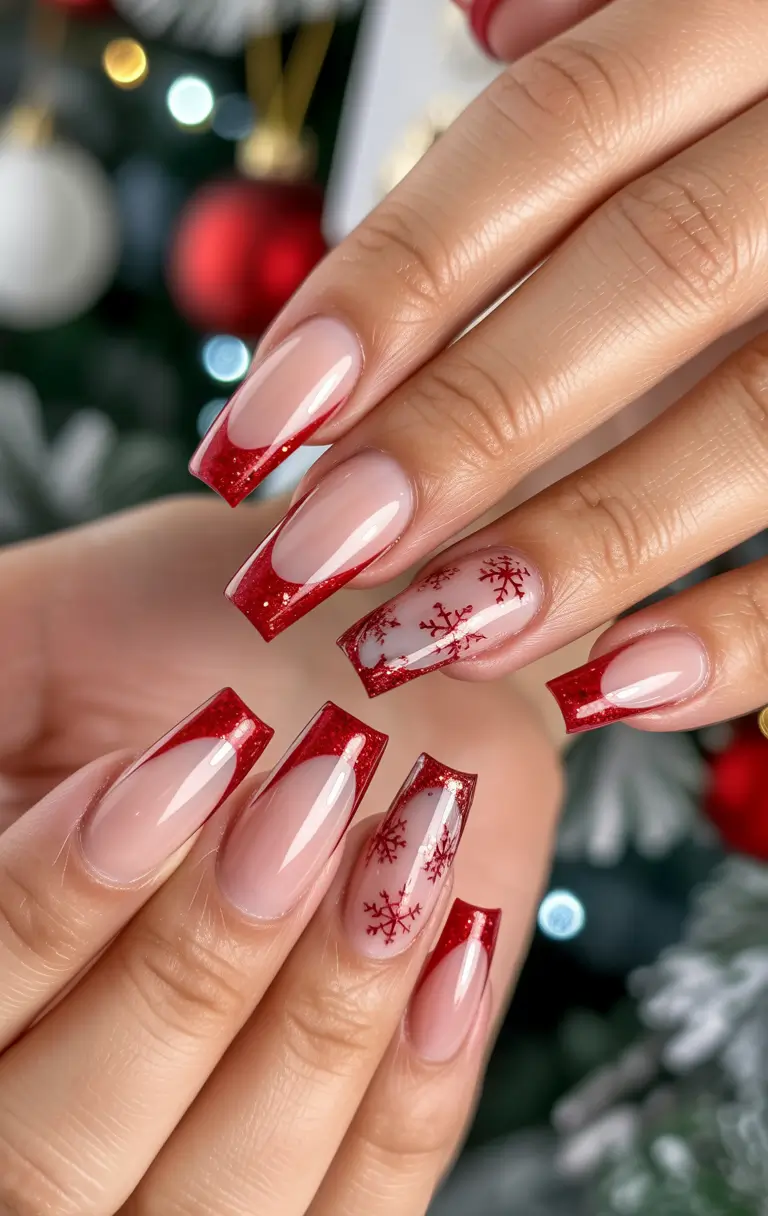 Best French Nails Design Winter 2025–2026 Red Snowfall