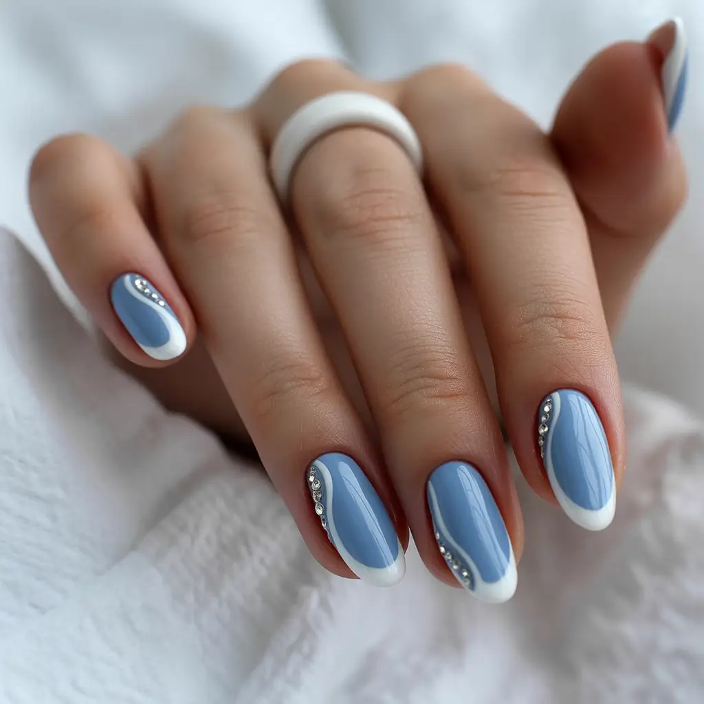 Best French Nails Design Winter 2025–2026 Frosted Blue French with Crystals