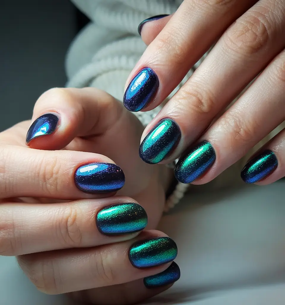 Blue Winter Nails 2025–2026 Midnight Aurora Chrome