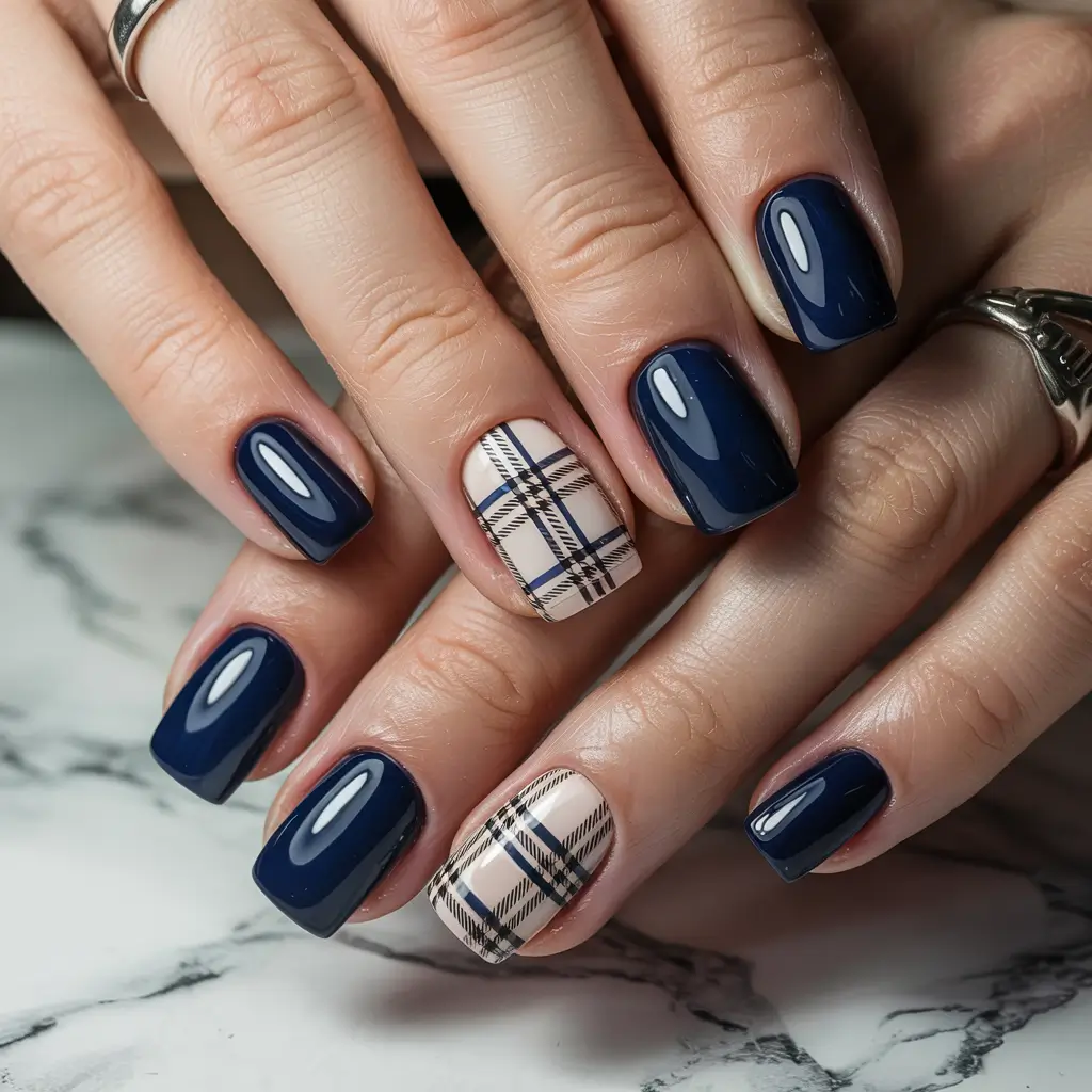 Blue Winter Nails 2025–2026 Navy Plaid Elegance
