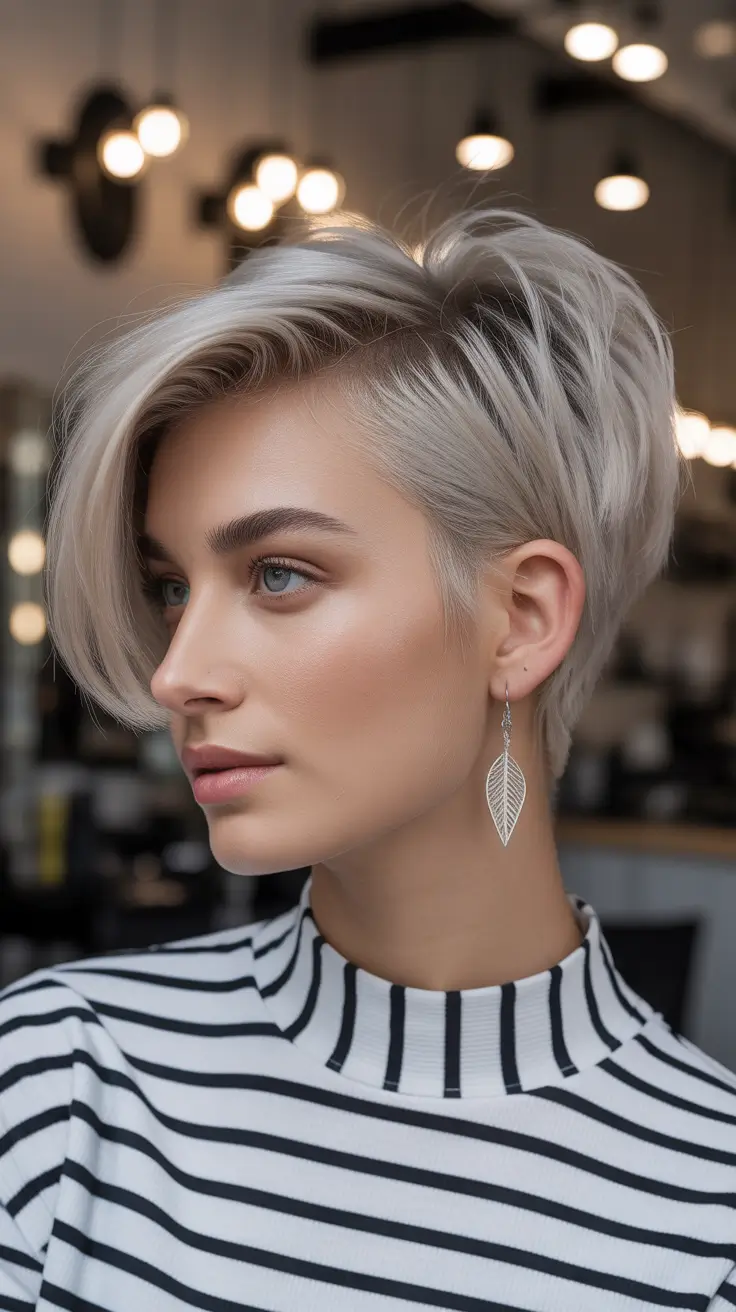 Chic Pixie Haircuts Winter 2025–2026 Inspiration Silver Ash Pixie with Side Volume