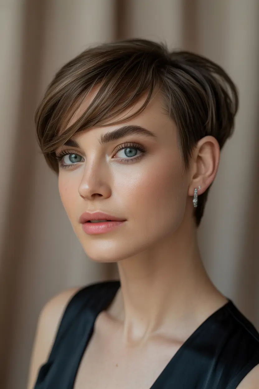 Chic Pixie Haircuts Winter 2025–2026 Inspiration Elegant Chestnut Sweep