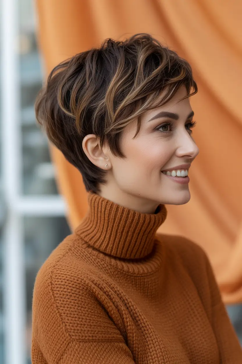 Chic Pixie Haircuts Winter 2025–2026 Inspiration Bronzed Brunette Pixie with Highlights