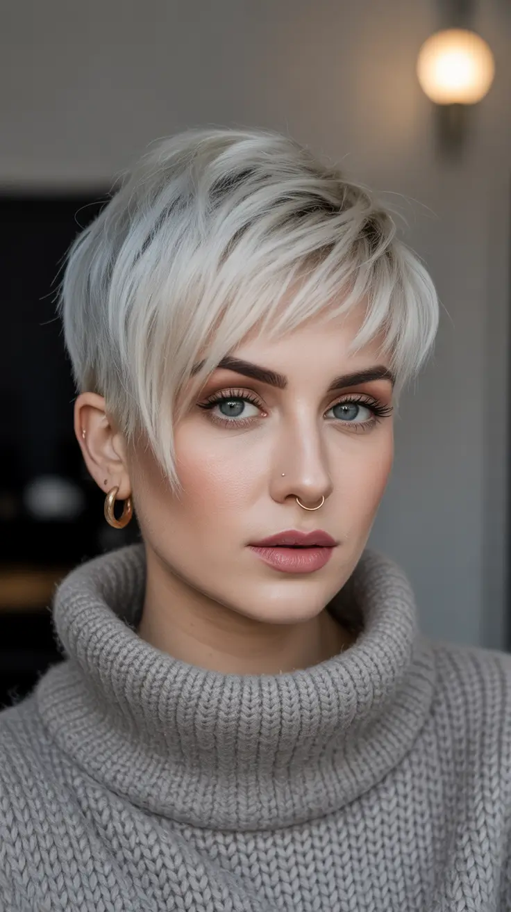 Chic Pixie Haircuts Winter 2025–2026 Inspiration Frosted Platinum Pixie with Soft Bangs