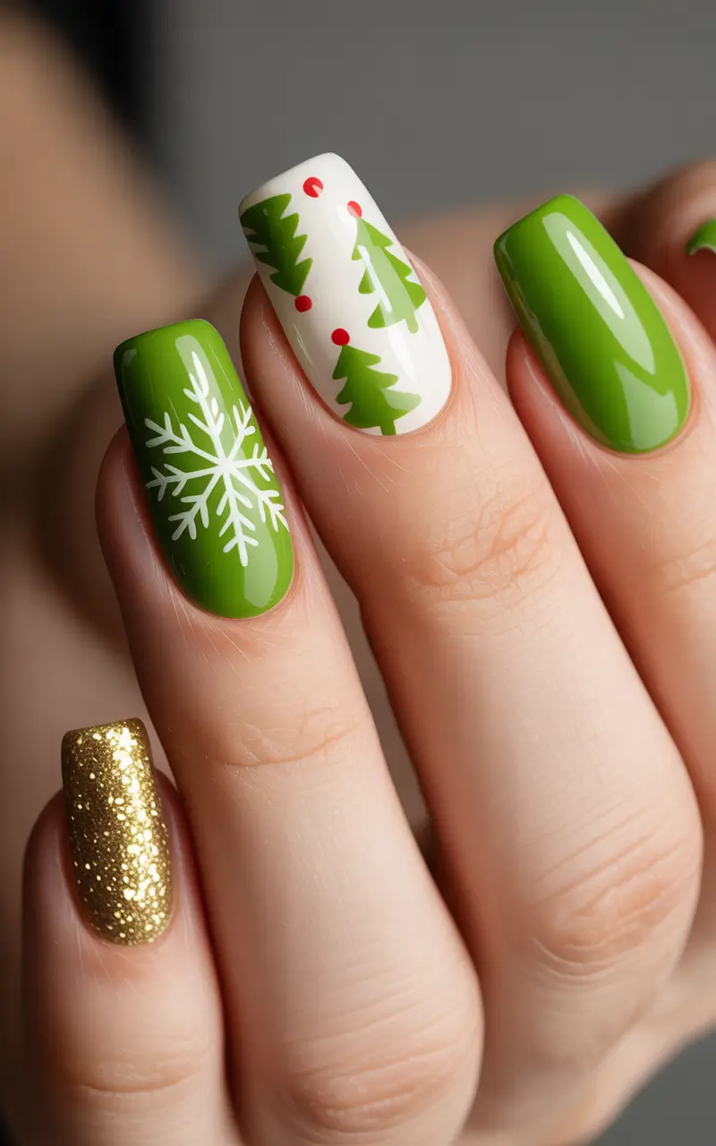 christmas-nails-acrylic-short-square-green-trees