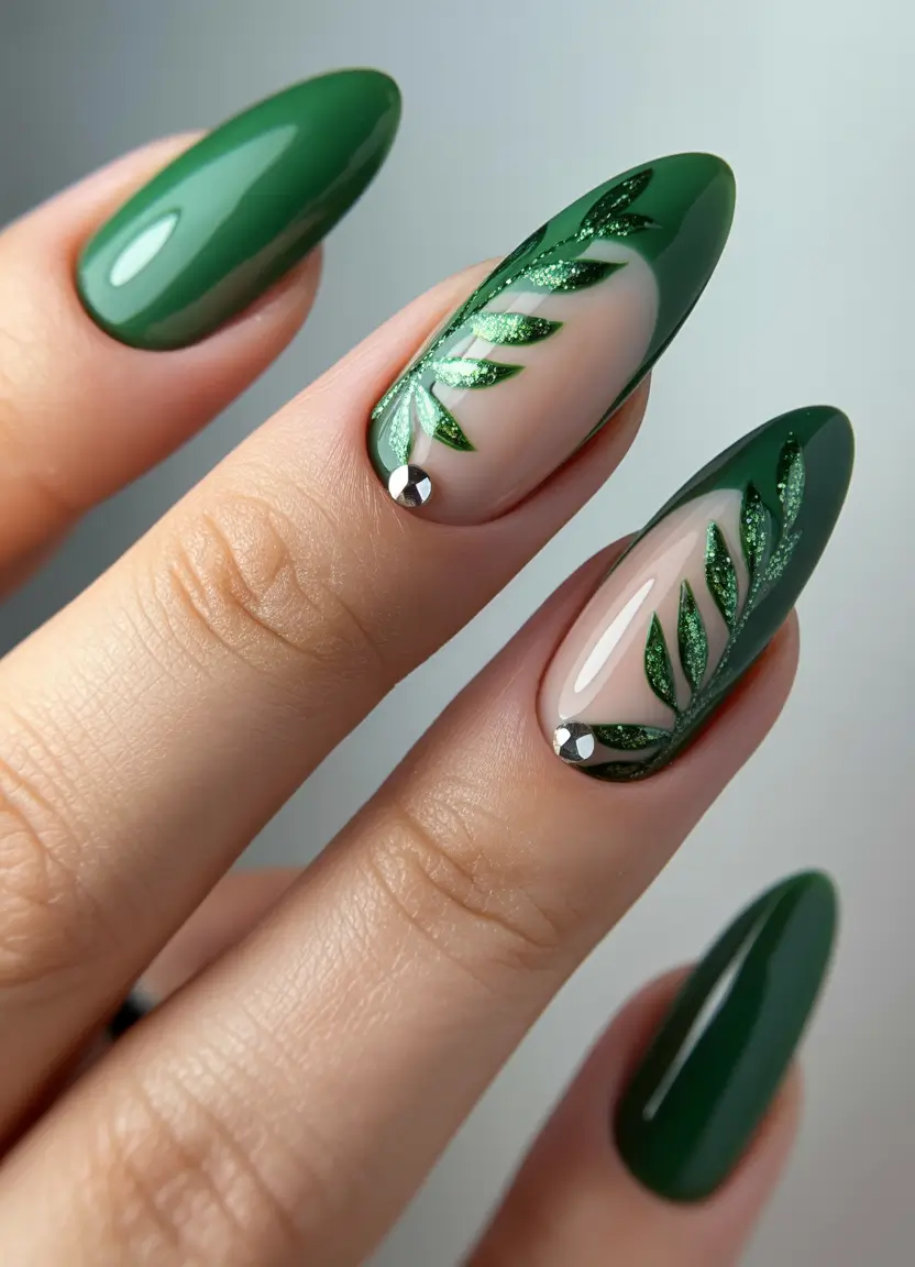 christmas-nails-acrylic-almond-green-elegant