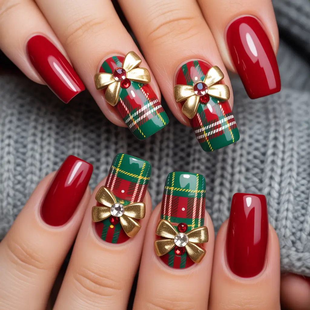 christmas-nails-acrylic-square-red-plaid