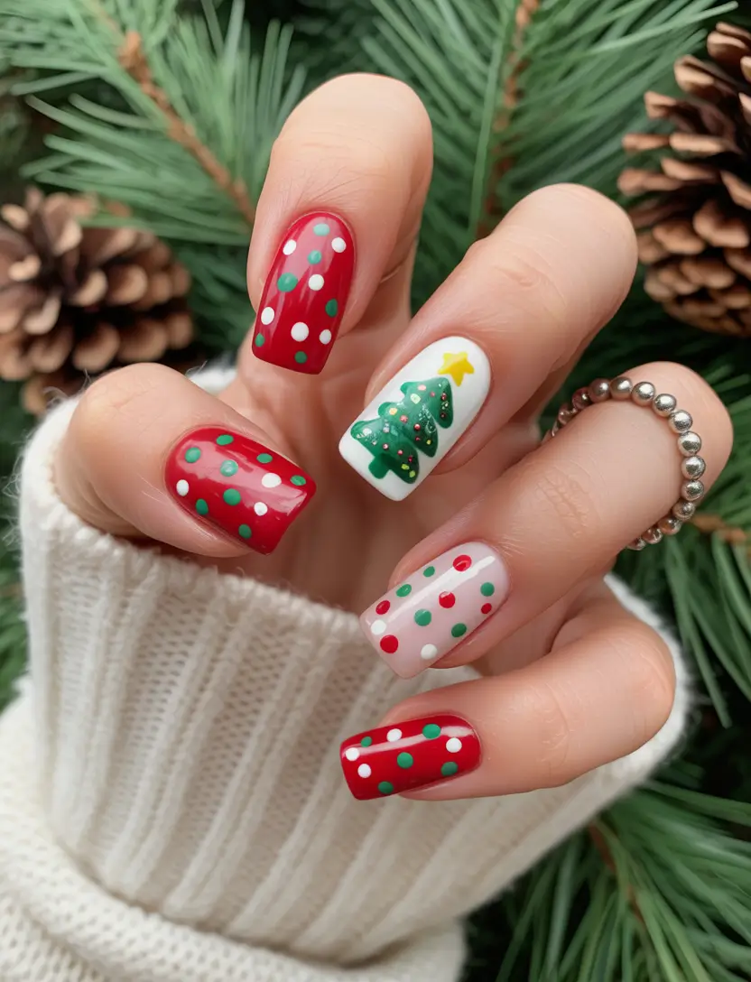 christmas-nails-acrylic-short-polka-tree
