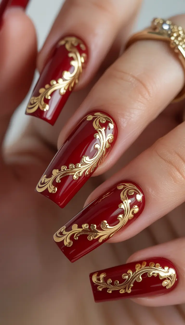 christmas-nails-acrylic-red-gold-elegant
