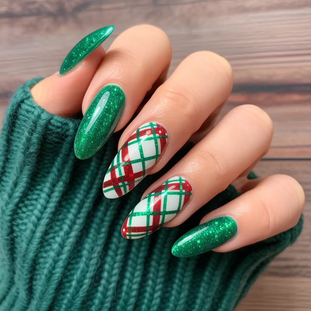 christmas-nails-acrylic-almond-plaid