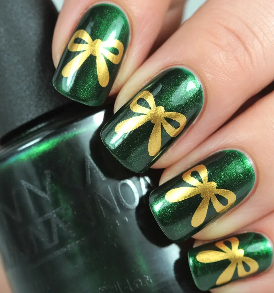christmas-nails-acrylic-green-golden-bows