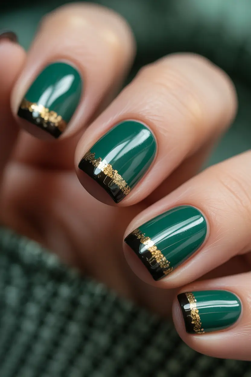 christmas-nails-acrylic-short-square-black-gold-french