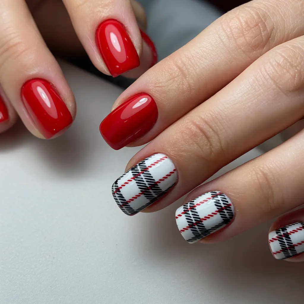 christmas-nails-acrylic-short-red-plaid