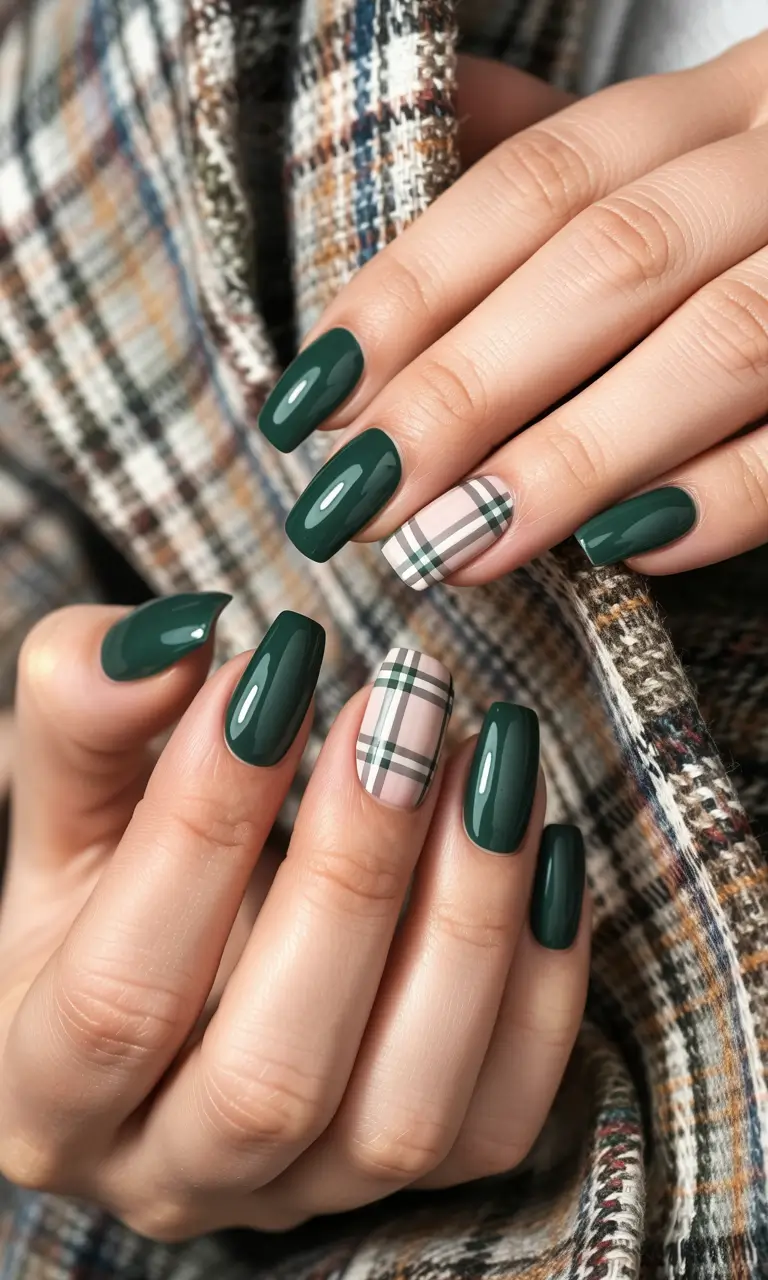 christmas-nails-acrylic-almond-green-plaid