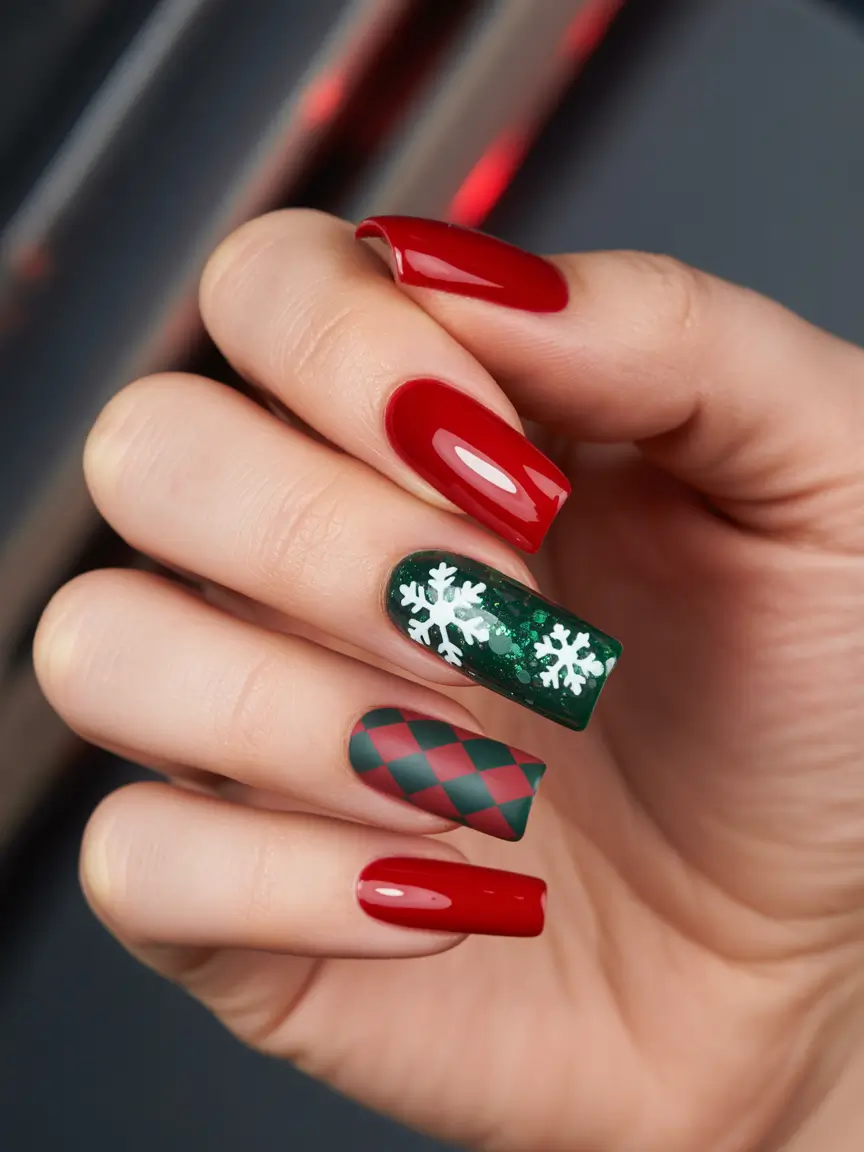 christmas-nails-acrylic-red-green-snowflake