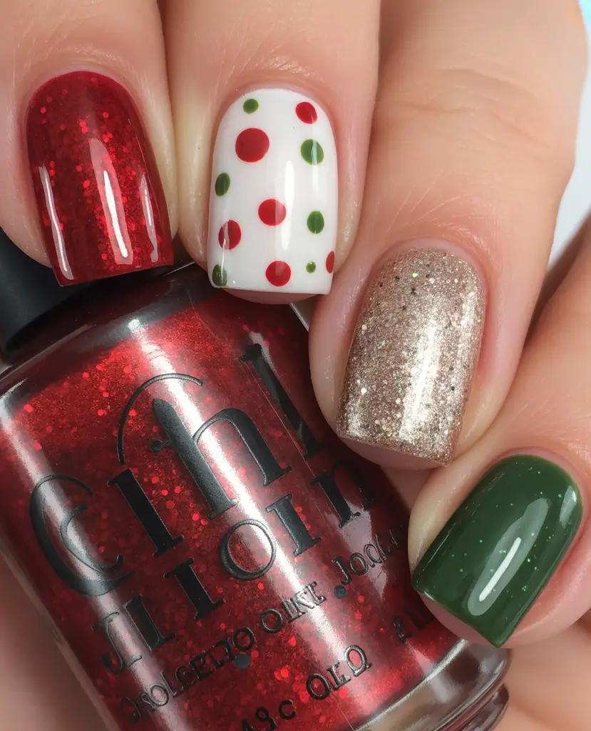 Christmas Nail Art 2025 Classic Christmas Polka Dot Charm