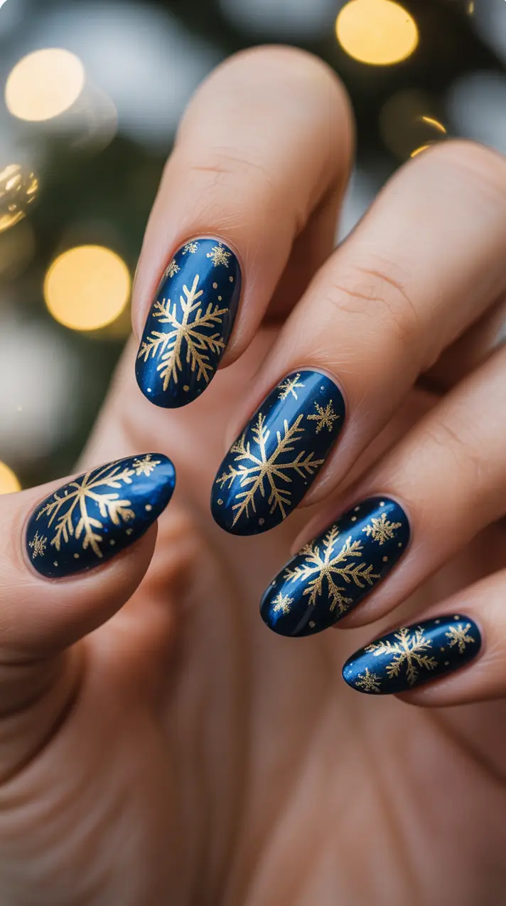 Christmas Nail Art 2025 Midnight Gold Snowflakes