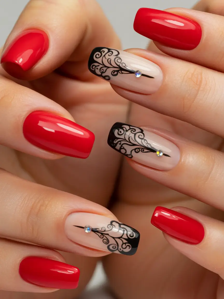 Christmas Nail Art 2025 Red & Black Festive French