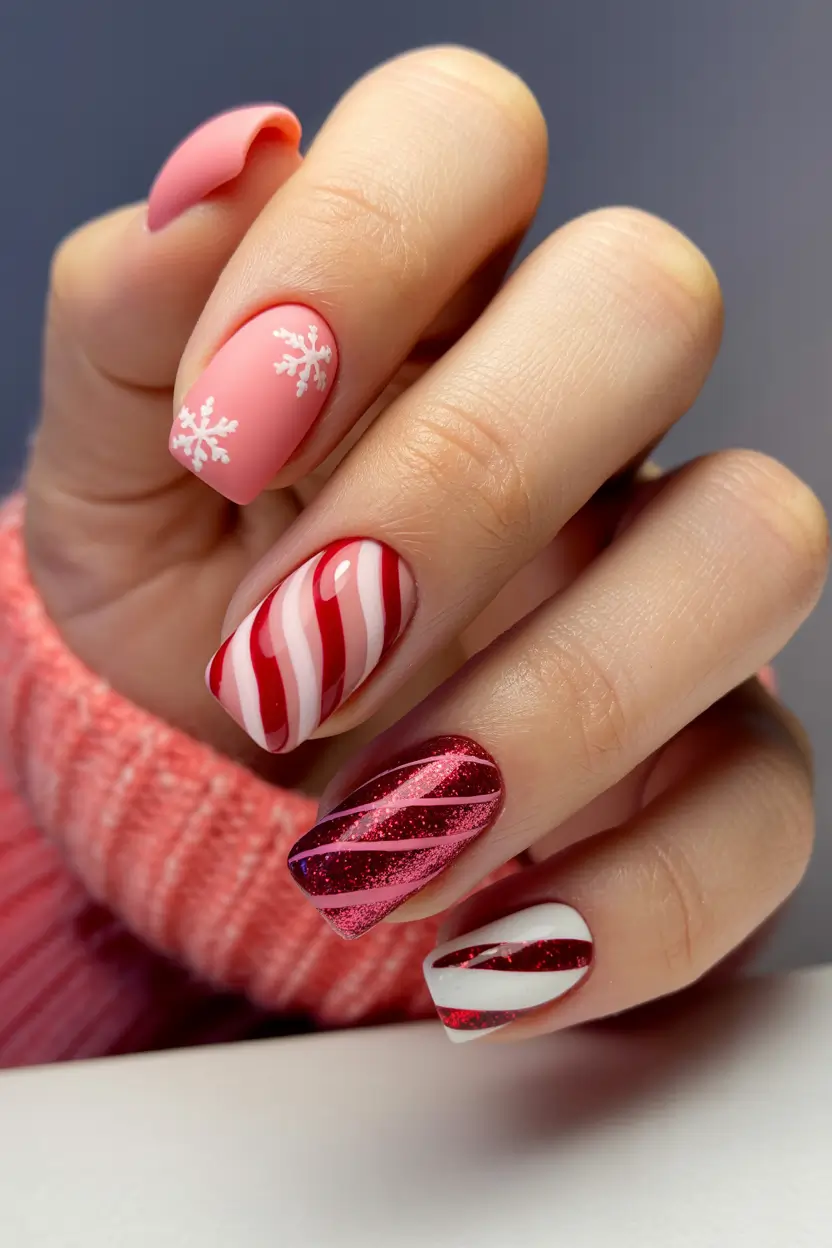 Christmas Nail Art 2025 Pink Peppermint Frost