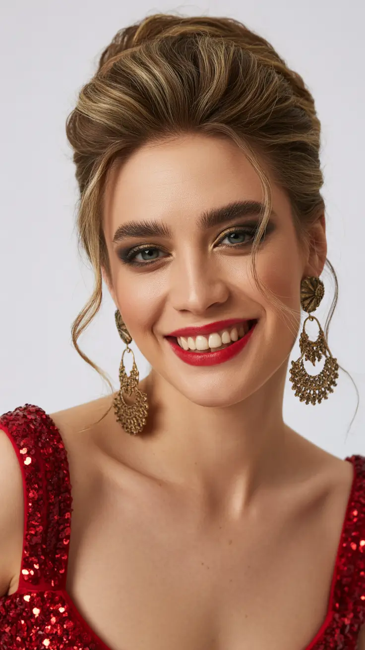 Christmas Party Hairstyles 2025 Retro Updo Red Sparkle