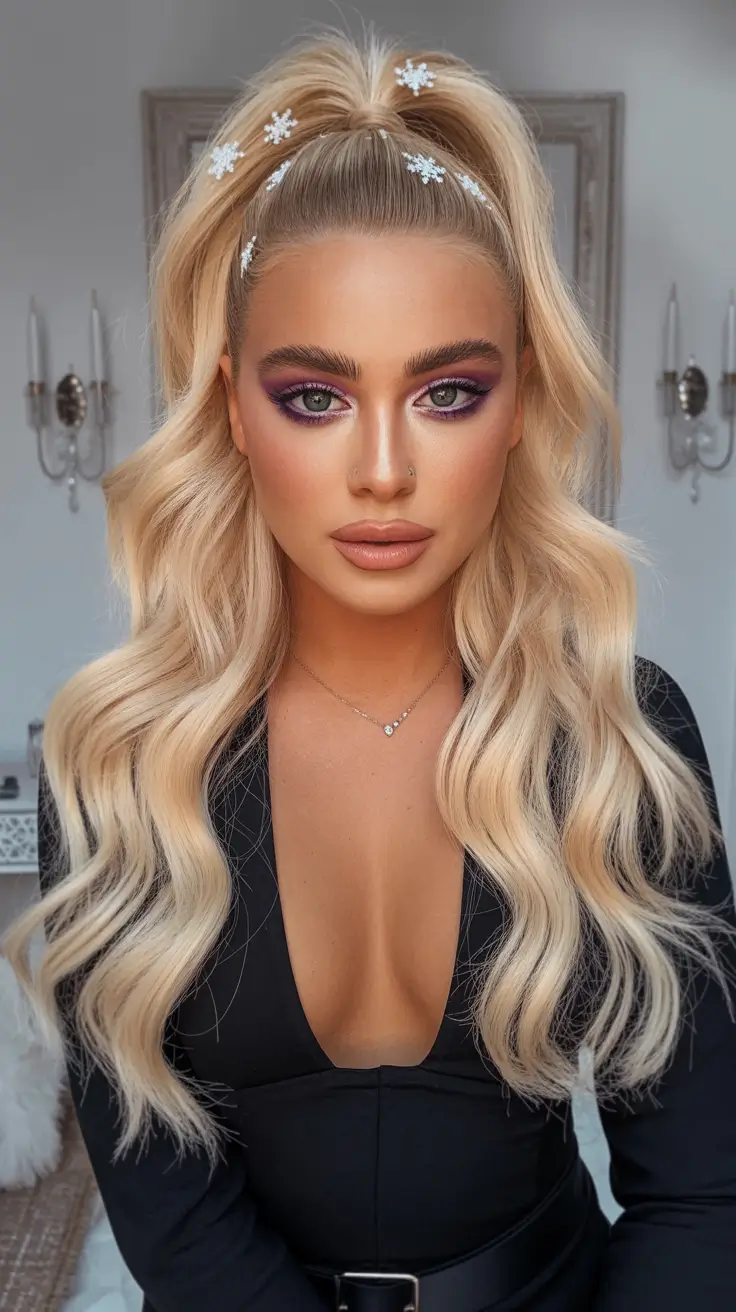 Christmas Party Hairstyles 2025 High Ponytail Snowflakes