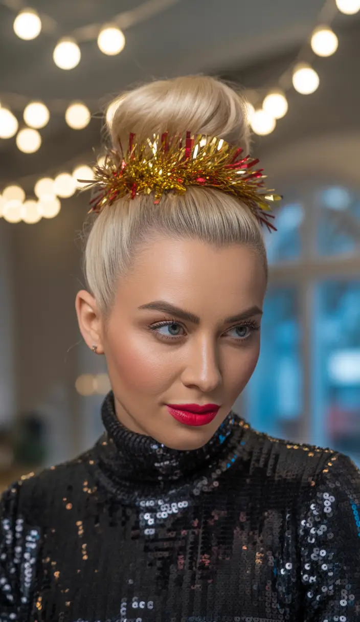 Christmas Party Hairstyles 2025 Golden Tinsel Bun