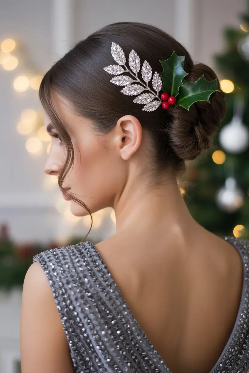 Christmas Party Hairstyles 2025 Silver Leaf Bun