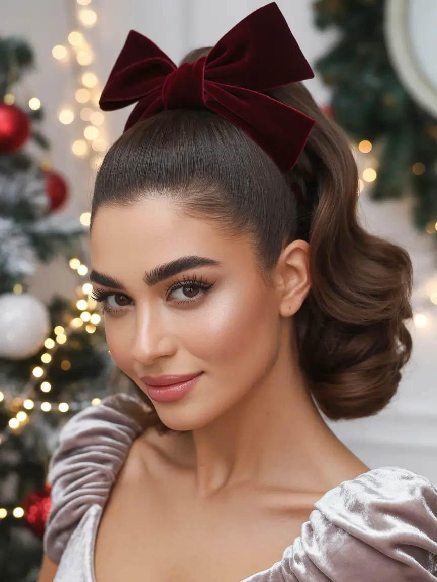 Christmas Party Hairstyles 2025 Velvet Bow Ponytail