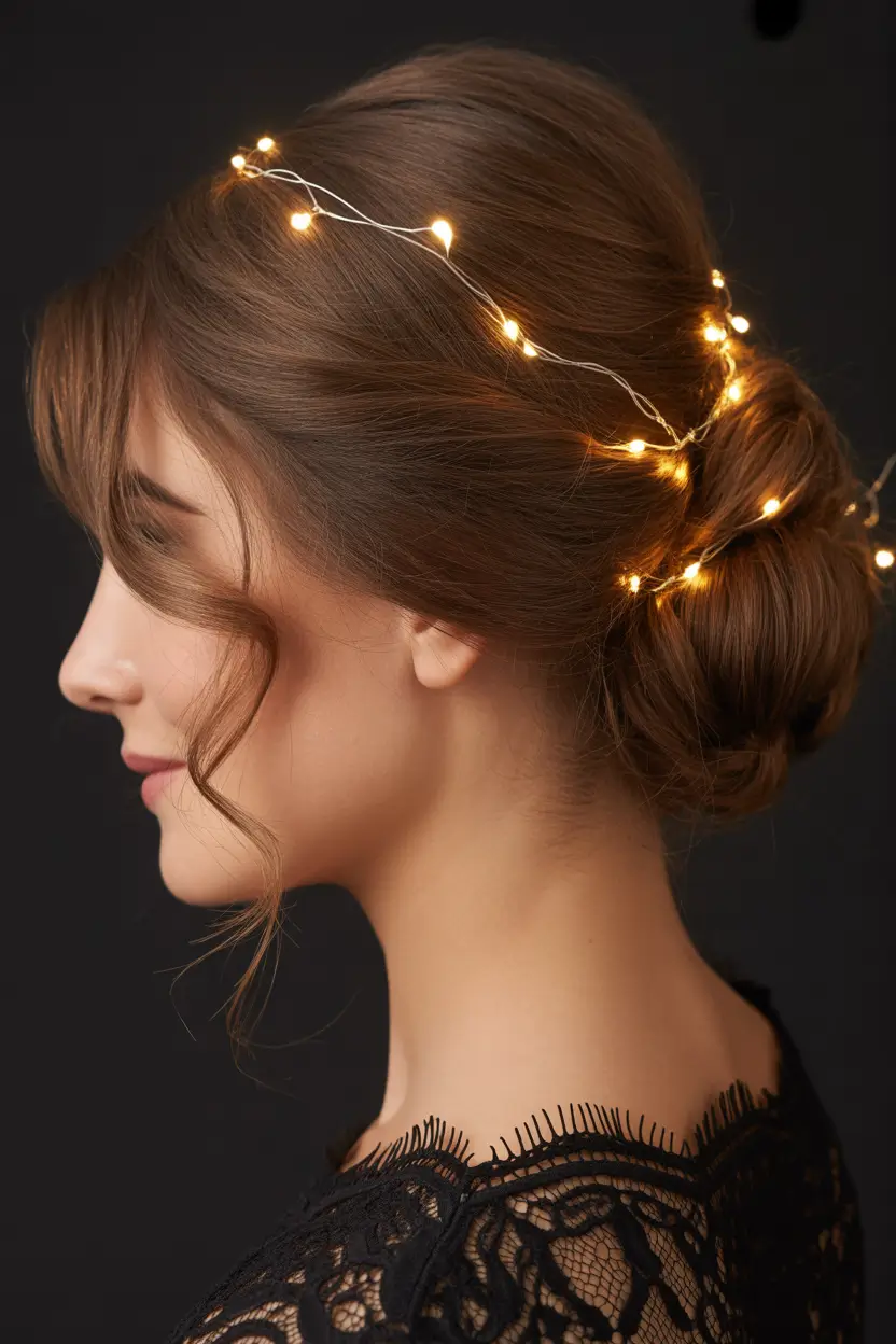 Christmas Party Hairstyles 2025 Fairy Light Bun