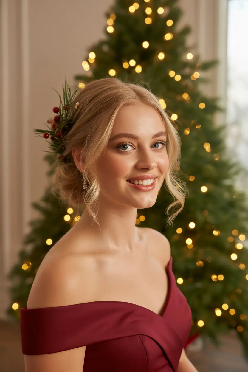 Christmas Party Hairstyles 2025 Classic Bun Greenery