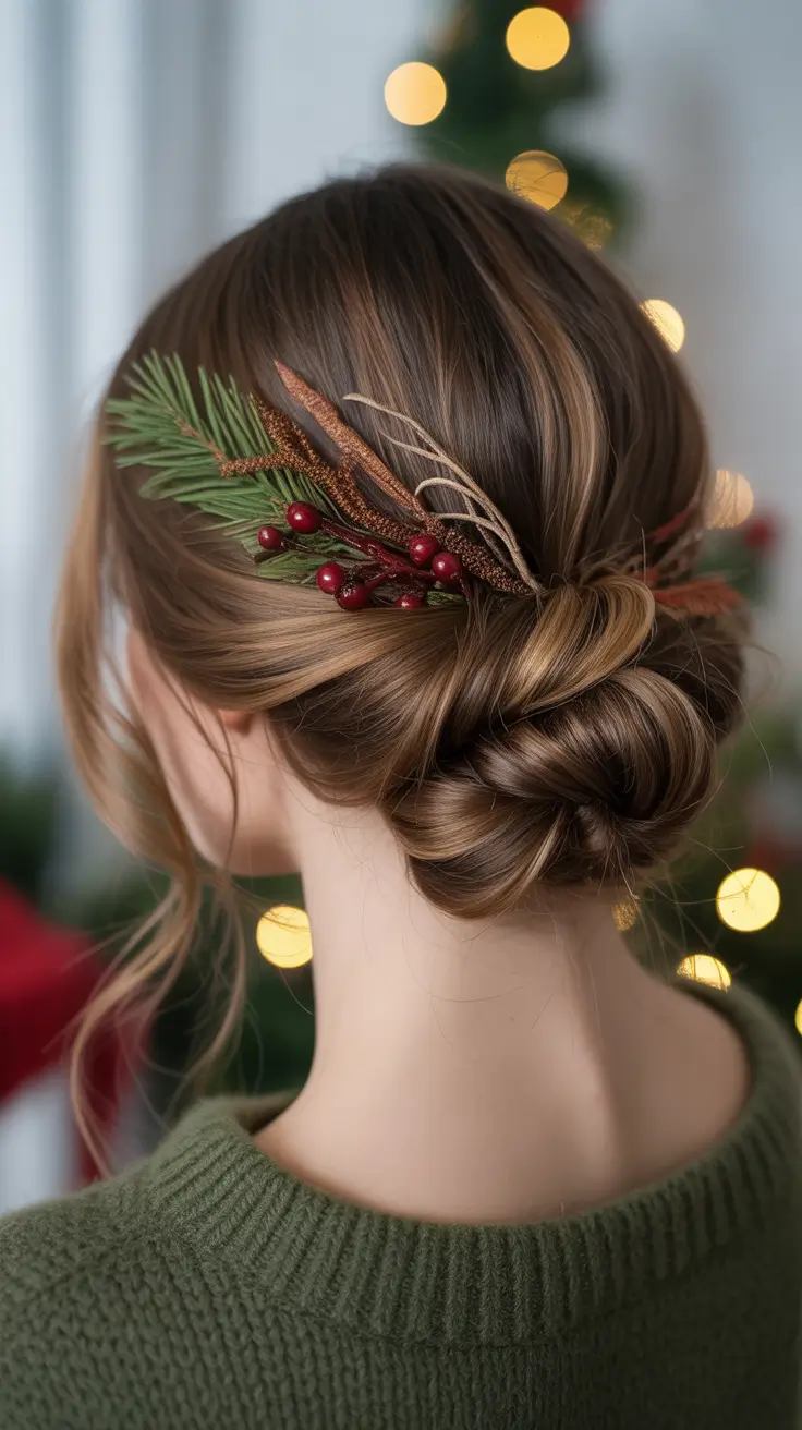 Christmas Party Hairstyles 2025 Low Bun with Pine