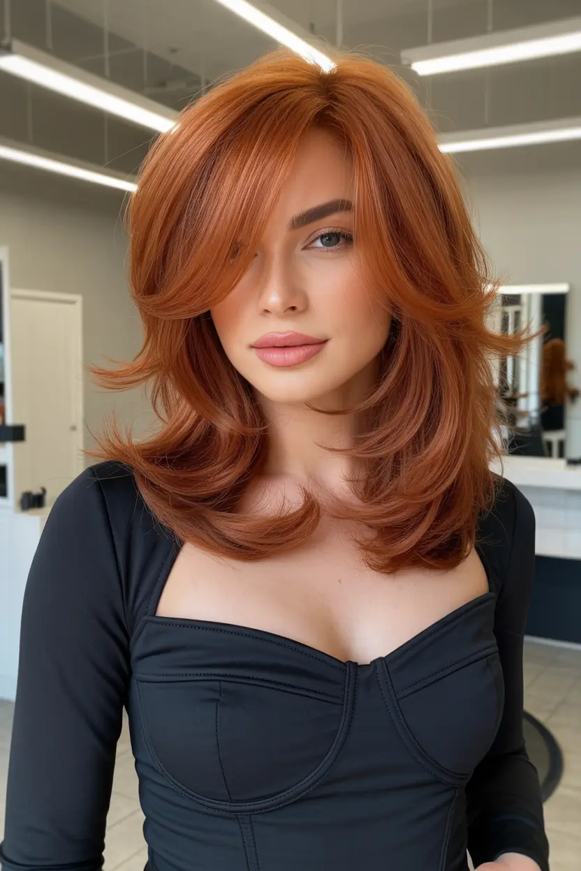 Cute Hairstyles for Winter 2025 2026 Copper Layers with Curtain Bangs
