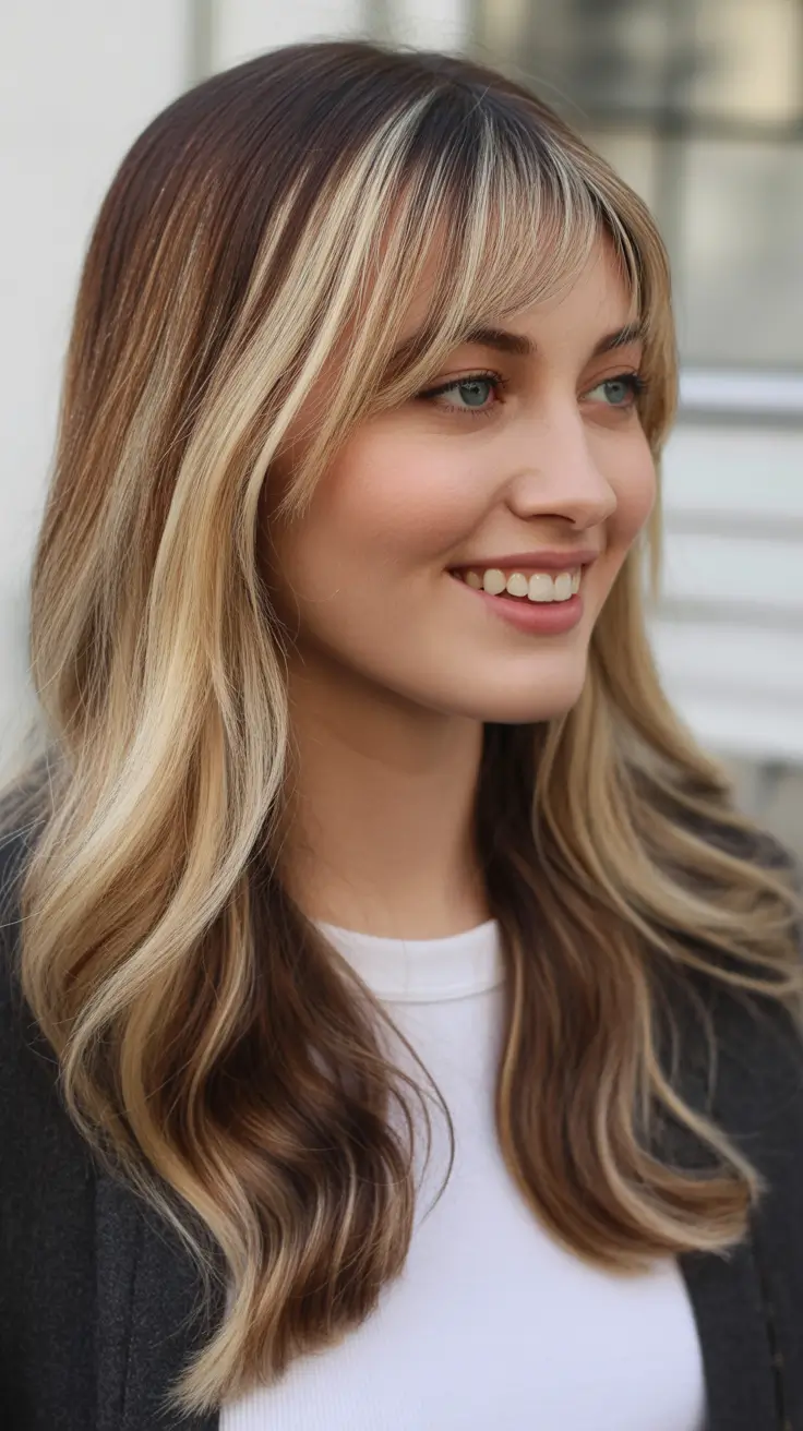 Cute Winter Haircuts 2025–2026 Soft Blonde Waves with Curtain Bangs