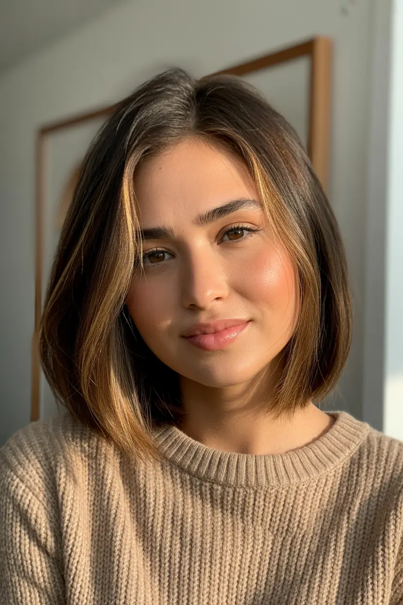 Cute Winter Haircuts 2025–2026 Warm Brown Bob with Face-Framing Highlights