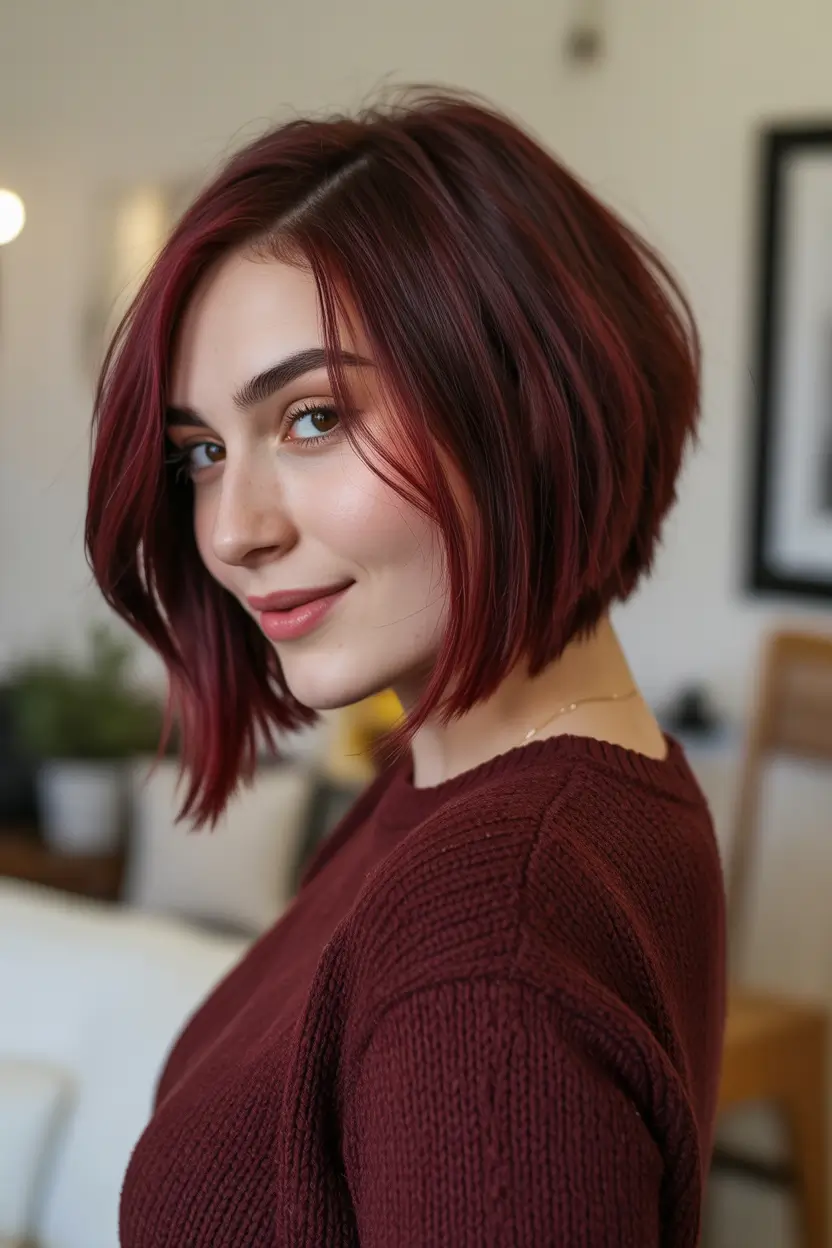 Cute Winter Haircuts 2025–2026 Cherry-Toned Angled Bob