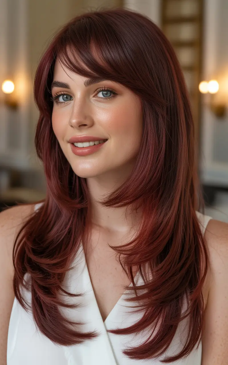 Cute Winter Haircuts 2025–2026 Long Layered Red Hair with Bangs