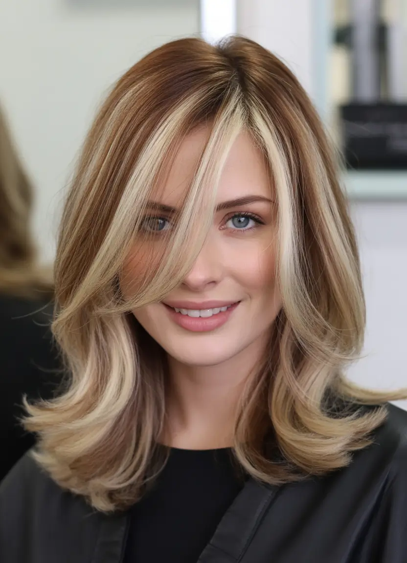 Cute Winter Haircuts 2025–2026 Blonde Balayage Layers with Curtain Bangs