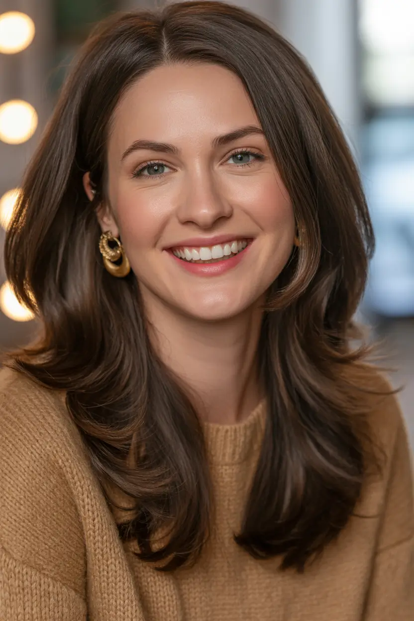 Cute Winter Haircuts 2025–2026 Rich Brunette with Rounded Layers