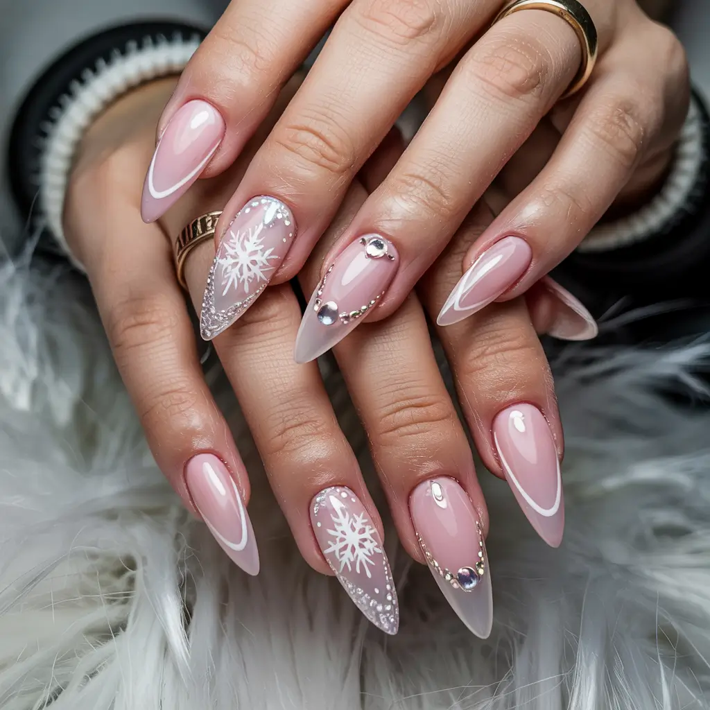 Everyday Cute Winter Nails 2025–2026 Soft Pink Almond with Snowflakes and Crystals