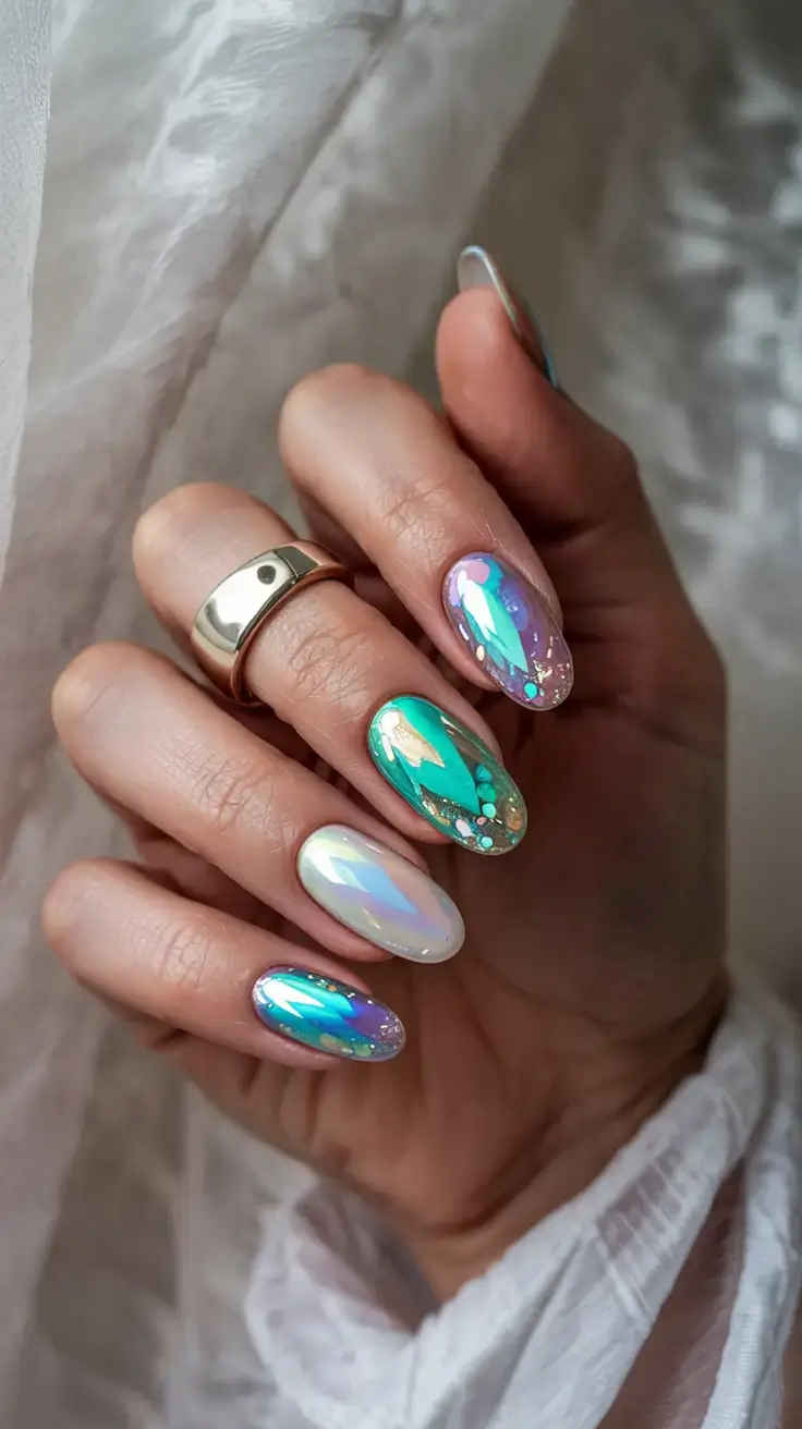 Everyday Cute Winter Nails 2025–2026 Holographic Chrome with Aqua Accents